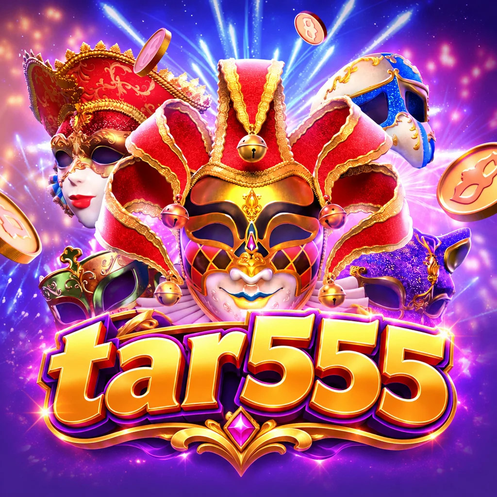 Topeng karnaval bertema Venesia dengan logo tar555 berlatar ungu meriah